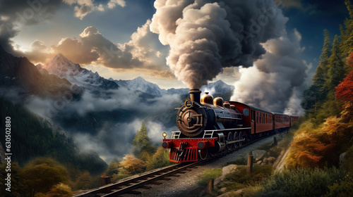 A majestic steam locomotive chugs along a scenic railway track, billowing clouds of steam and leaving a trail of nostalgic charm in its wake. Generative AI
