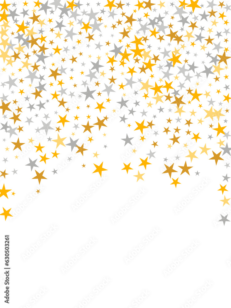 Luxury silver and gold starburst scatter texture. Many starburst spangles New Year decoration confetti. Cartoon star burst illustration. Sparkle particles poster decor.