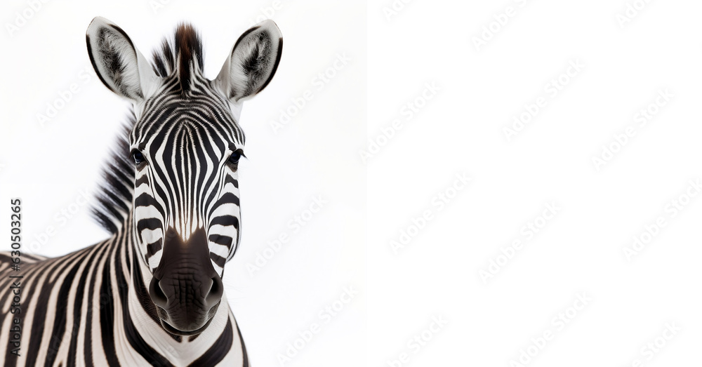 A zebra isolated on a white horizontal background with space for text. Black and white background with a wild animal. Generative AI A zebra isolated on a white horizontal background with space for text. Black and white background with a wild animal. Generative AI