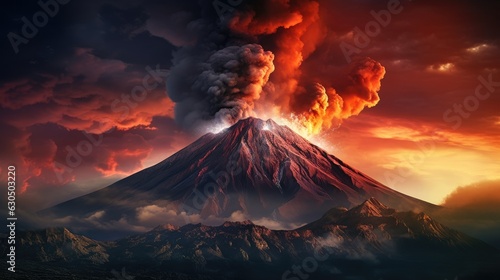 A majestic volcano stands tall against the horizon, billowing smoke and lava. Generative AI © piai