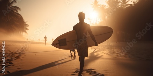 Surf and tropical vacation. Guy with surfboard walks at ocean sea coast in sunset and waiting wave. Banner. Close up. Generative AI. photo