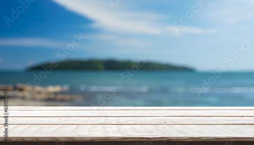 Fototapeta Naklejka Na Ścianę i Meble -  White wood table top on blur sea background