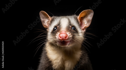 Studio portrait of a smiling possum on a black background. Wild exotic animal on a horizontal banner. Generative AI © Helen-HD