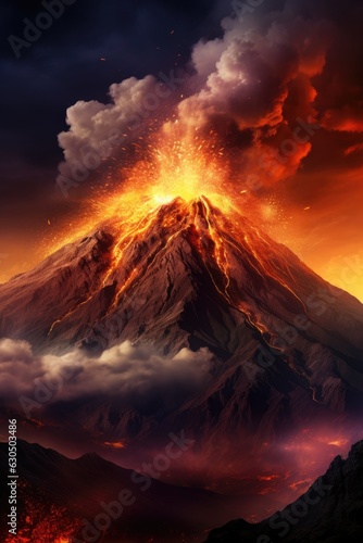 A majestic volcano stands tall against the horizon, billowing smoke and lava. Generative AI © piai