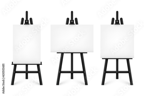 Realistic paint desk with blank white canvas. Black wooden easel and a sheet of drawing paper. Presentation board on a tripod. Artwork mockup, template. Vector illustration