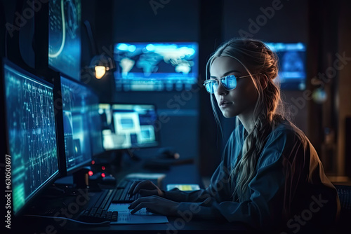 Within a high-tech command center of the future, an assured female spy orchestrates her operations using glowing monitors, sensors, maps, and remote control devices. photo