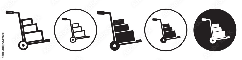 Hand Truck symbol Icon. Cargo Weight lifting moving in industrial warehouse use for product heavy package box shipment. Vector set collection of logistic cardboard cart forklift for freight parcel Hand Truck symbol Icon. Cargo Weight lifting moving in industrial warehouse use for product heavy package box shipment. Vector set collection of logistic cardboard cart forklift for freight parcel