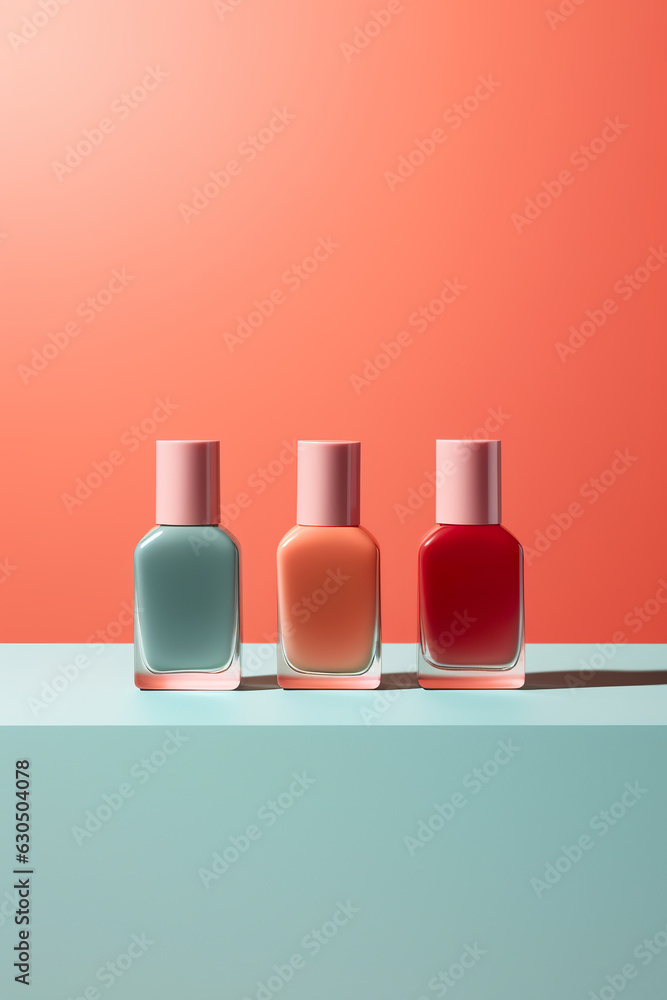 Modern and minimalist nail polish product. Nail polish in natural light on clean background. Bottle with gel polish. Realistic 3D illustration. Generative AI Modern and minimalist nail polish product. Nail polish in natural light on clean background. Bottle with gel polish. Realistic 3D illustration. Generative AI