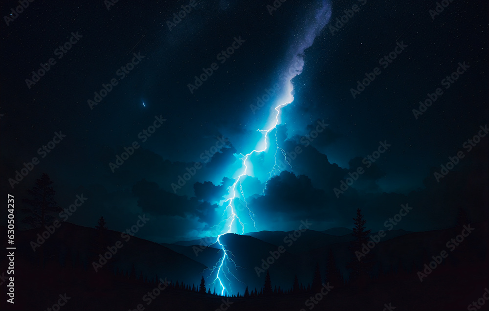 Thunderstorm lightning in the night sky. Generative AI.