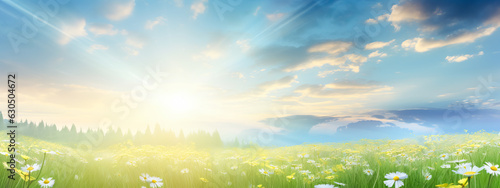 landscape panorama on a meadow among greenery  nature  mountains. Bright sun  grass and flowers. wide format. Ai generation