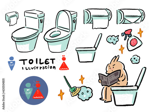 トイレ関連のシンプル手描き風イラストセット