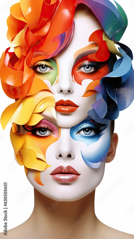 Fototapeta premium a woman with colorful makeup on her face. Generative AI Art.