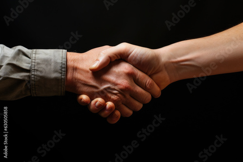 Two men shaking hands against a black background, symbolizing business partnerships and professional interactions.