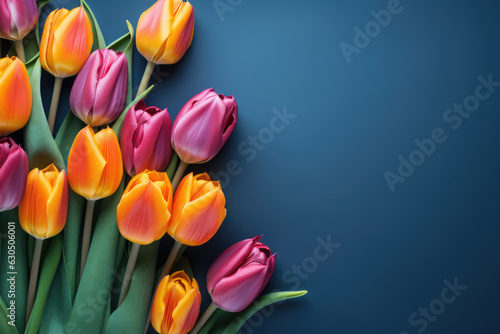 Colorful tulips on blue background, representing the essence of spring and beauty of nature's renewal. Ideal for spring-related designs and floral concepts/