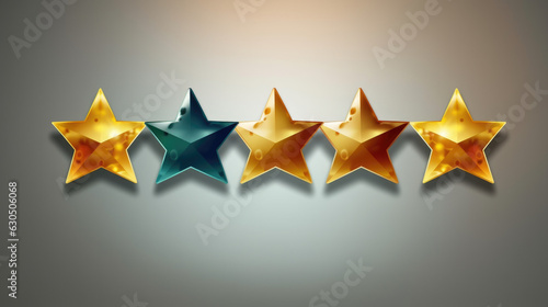 Five golden stars symbolize top-rated customer reviews and high-quality products. Concept of positive feedback and excellent ratings.