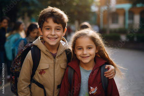 boys and girls with backpacks going to school, holding books and notepads, hugging each other and smiling happily at the camera. School, children education concept, ultra realistic. created wih AI