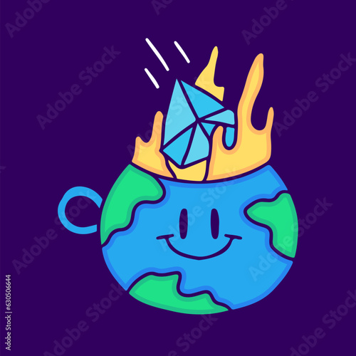 Diamond falling into earth planet cup, illustration for t-shirt, sticker, or apparel merchandise. With doodle, retro, and cartoon style.