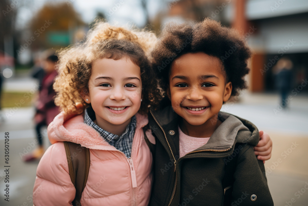 Two smiling 6 year old interracial best friends having a good time together at school. preschool. Happy childhood. grow in harmony friendship concept. super realistic AI generated illustration Two smiling 6 year old interracial best friends having a good time together at school. preschool. Happy childhood. grow in harmony friendship concept. super realistic AI generated illustration