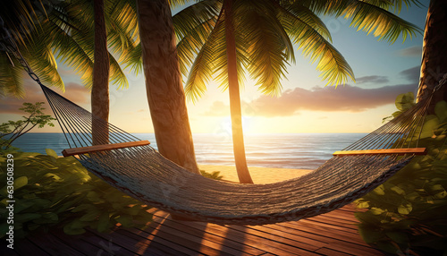 Hammock beetwin palm trees with beautiful view on the seashore beach at sunset. photo