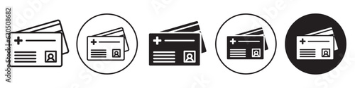 Medical Insurance Card symbol. Icon of health care of user profile on plastic card ticket tag in flat outlined vector set collection. Sign mark of patient id information paper file score. Admit pass