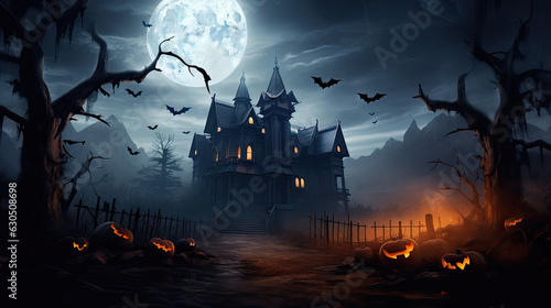 Scary halloween scene cat sceleton house night wheel child festival holiday