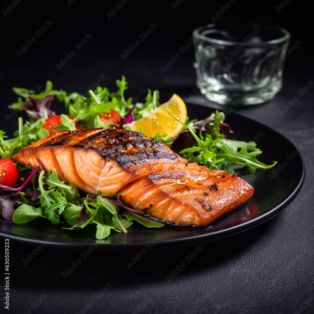 1:1 Grilled salmon fish fillet and fresh green salad. 1:1 Grilled salmon fish fillet and fresh green salad.