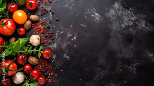 Black stone cooking background with spices and vegetables, like tomatoes and garlic on top. Free space for your text.