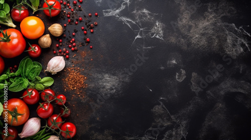 Black stone cooking background with spices and vegetables, like tomatoes and garlic on top. Free space for your text.