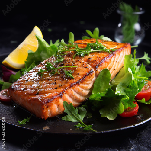 1:1. Grilled salmon fish fillet and fresh green salad.