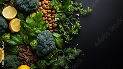 Superfoods on a black background. Healthy vegan food, like nuts, lemons, seeds and greens.