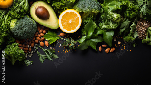 Superfoods on a black background. Healthy vegan food, like nuts, oranges, seeds and greens.