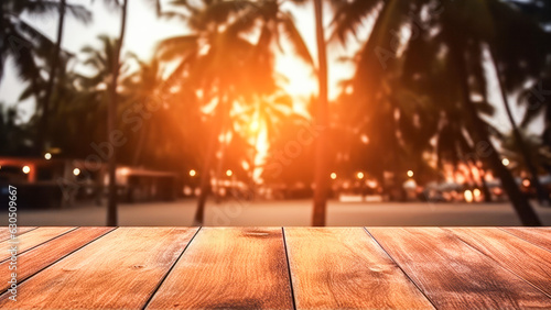 A deserted wooden table with a tropical palm tree backdrop, evoking a serene ambiance. Ai generation