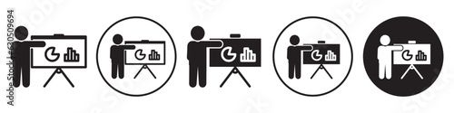 Training symbol Icon. Person in company business give presentation seminar on growth with board member vector set collection in flat outlined style. Classroom lecturer meeting in office analysis sign.