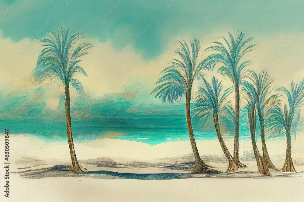 Obraz premium Seven palm trees grow on the sand against the backdrop of the sea and clouds. Tourism and rest. AI-generated