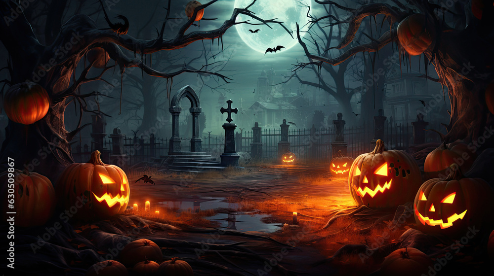 Cemetry night pumpkin halloween background scary horror