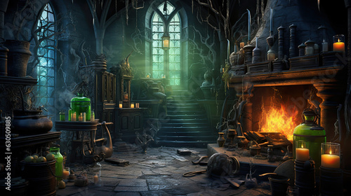 Halloween room scary fireplace background witch