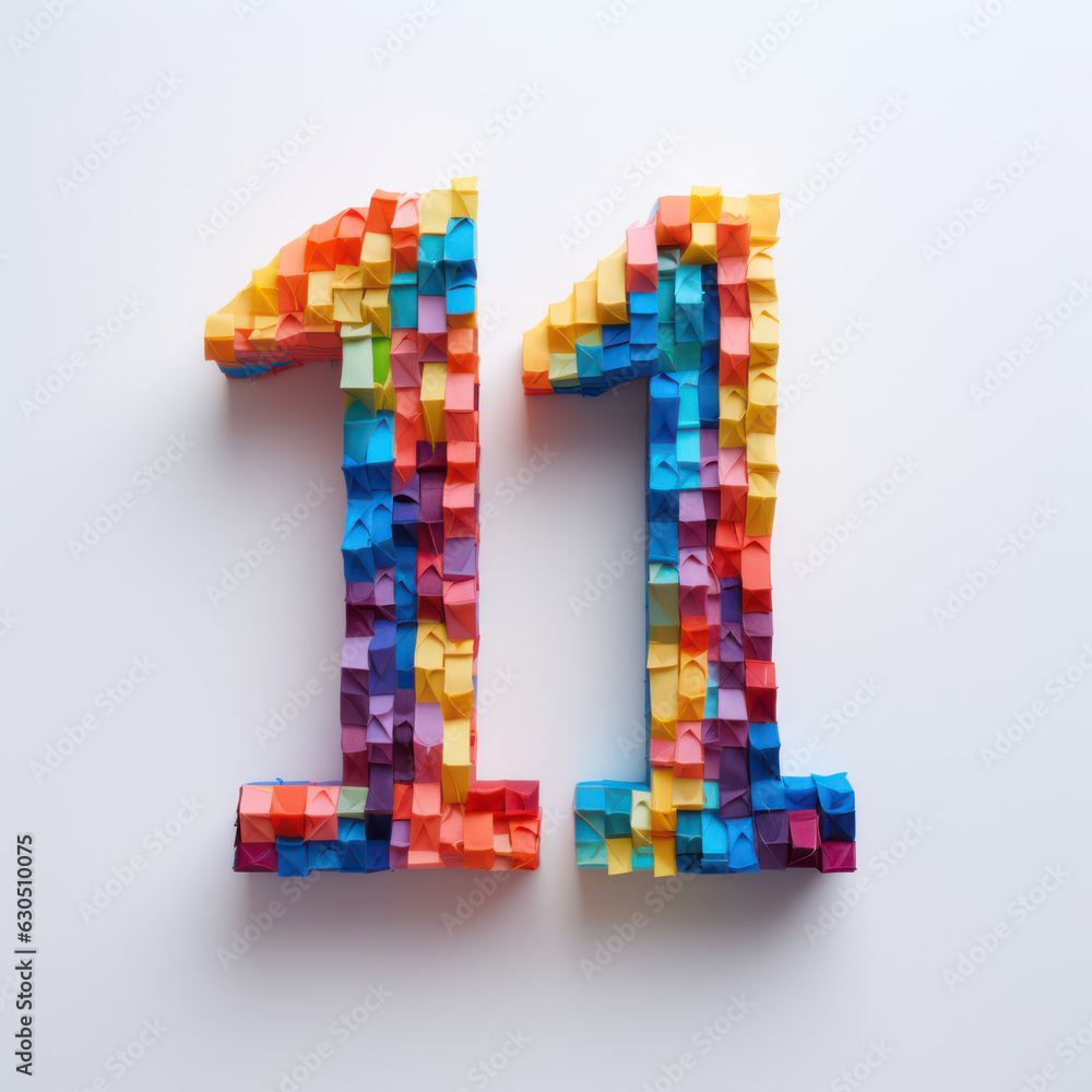 number 11 in the style of coloured craft tape, bright typography letter ...