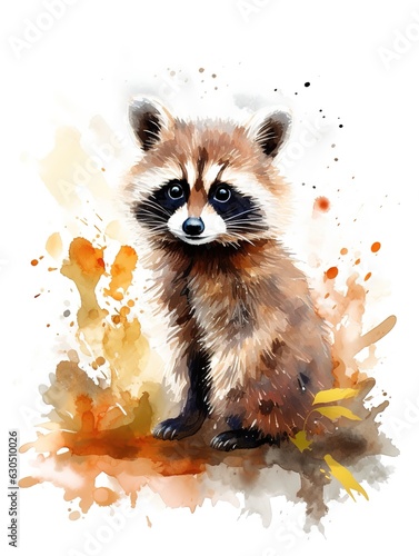 Cute raccoon sitting on the ground, watercolor. Generative AI