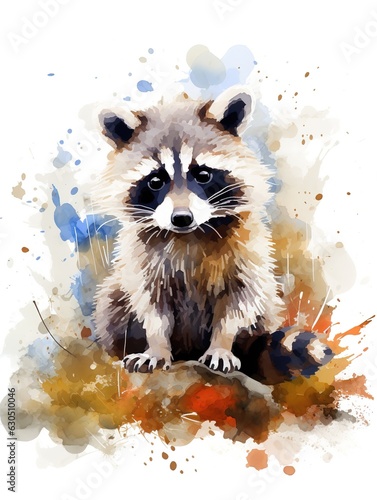 Cute raccoon sitting on the ground, watercolor. Generative AI
