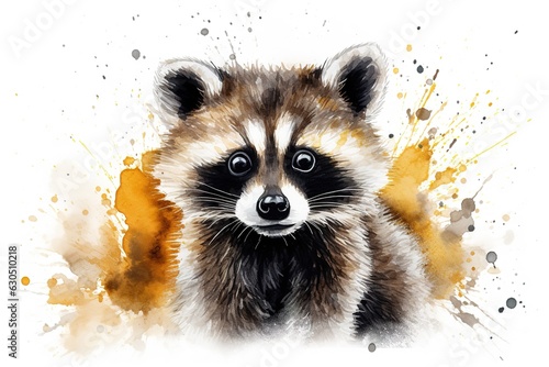 Cute raccoon sitting on the ground, watercolor. Generative AI