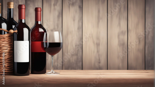 Bottles of red wine on a wooden shelf. banner background for winery, bar or shop © ART-PHOTOS