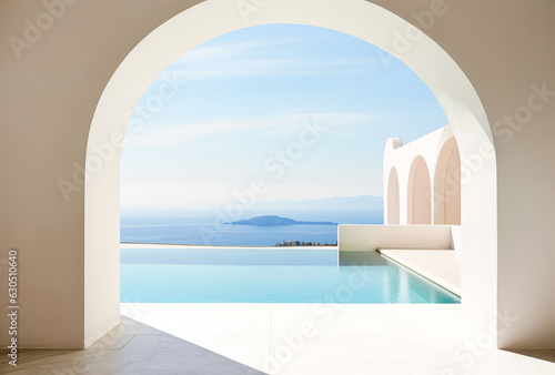 Discover a harmonious blend of sea and architecture on this white light patio. The rounded design elements enhance the connection with the mesmerizing ocean.. Ai generation