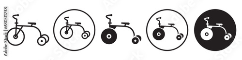 tricycle symbol Icon. Flat outlined bicycle or biking for child or kids fun ride  vector set collection. Sign of cycle with three 3 tire wheel. Logo of child riding a little small physical activity 