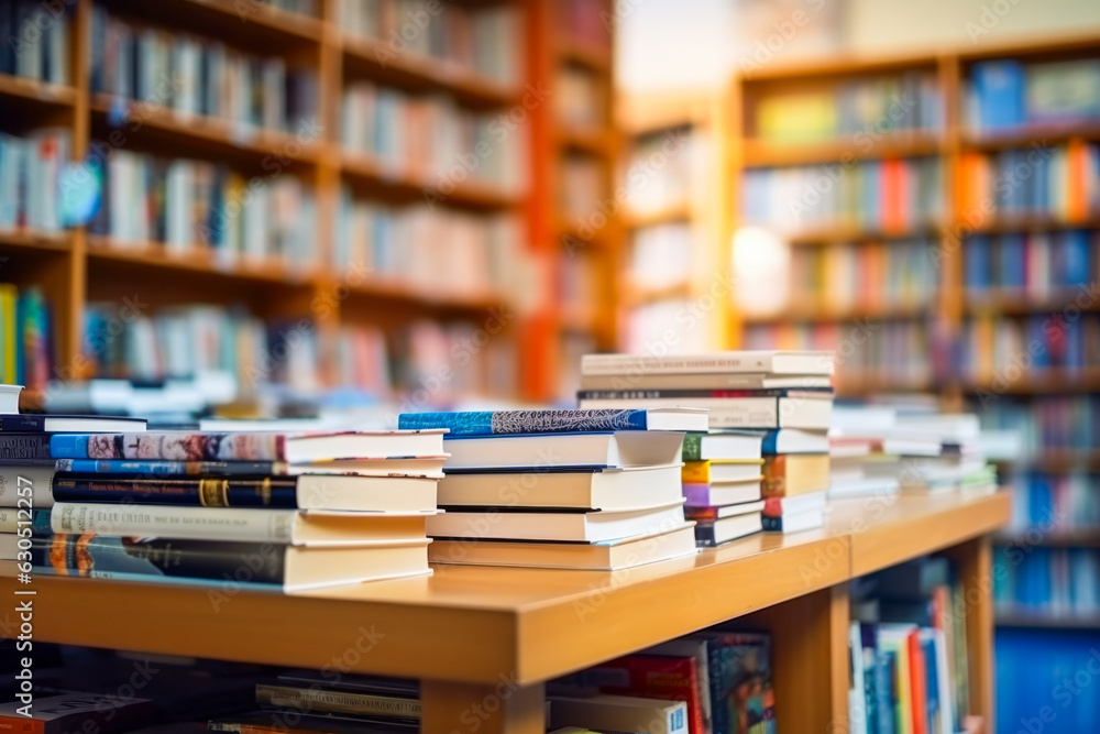 Stack of books stacked in the library. Ai generation Stack of books stacked in the library. Ai generation