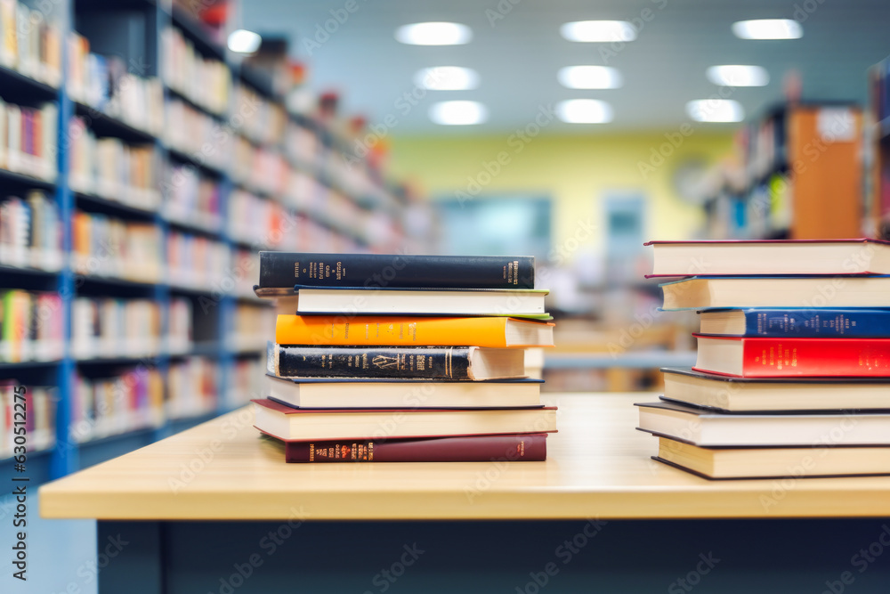 Stack of books stacked in the library. Ai generation Stack of books stacked in the library. Ai generation
