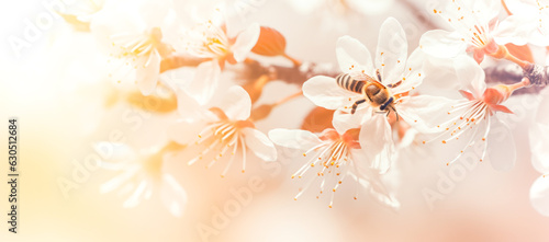 Blooming trees with bees with bokeh background, pastel and bright colors, abstract background of spring, nature sunrise. floral background. Ai generation