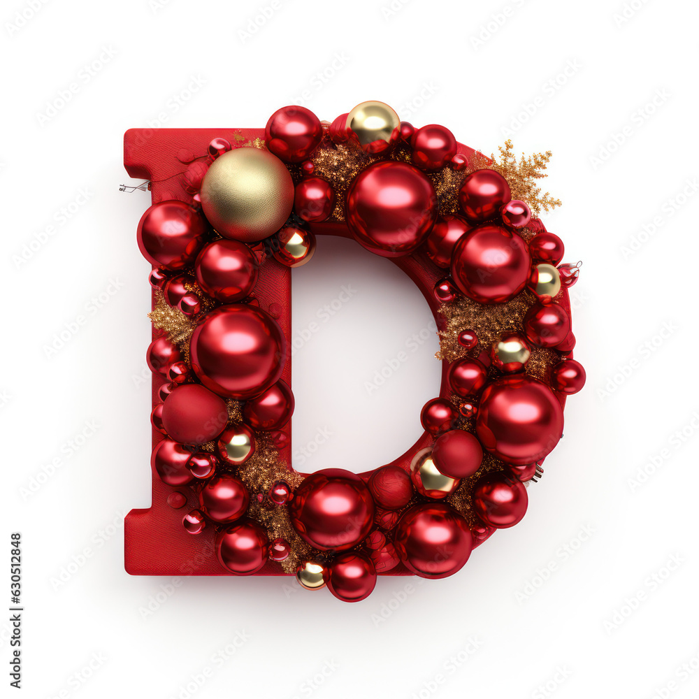 letter D in the shape of christmas decoration, seasonal typography letter font illustration, alphabet abc letter D in the shape of christmas decoration, seasonal typography letter font illustration, alphabet abc