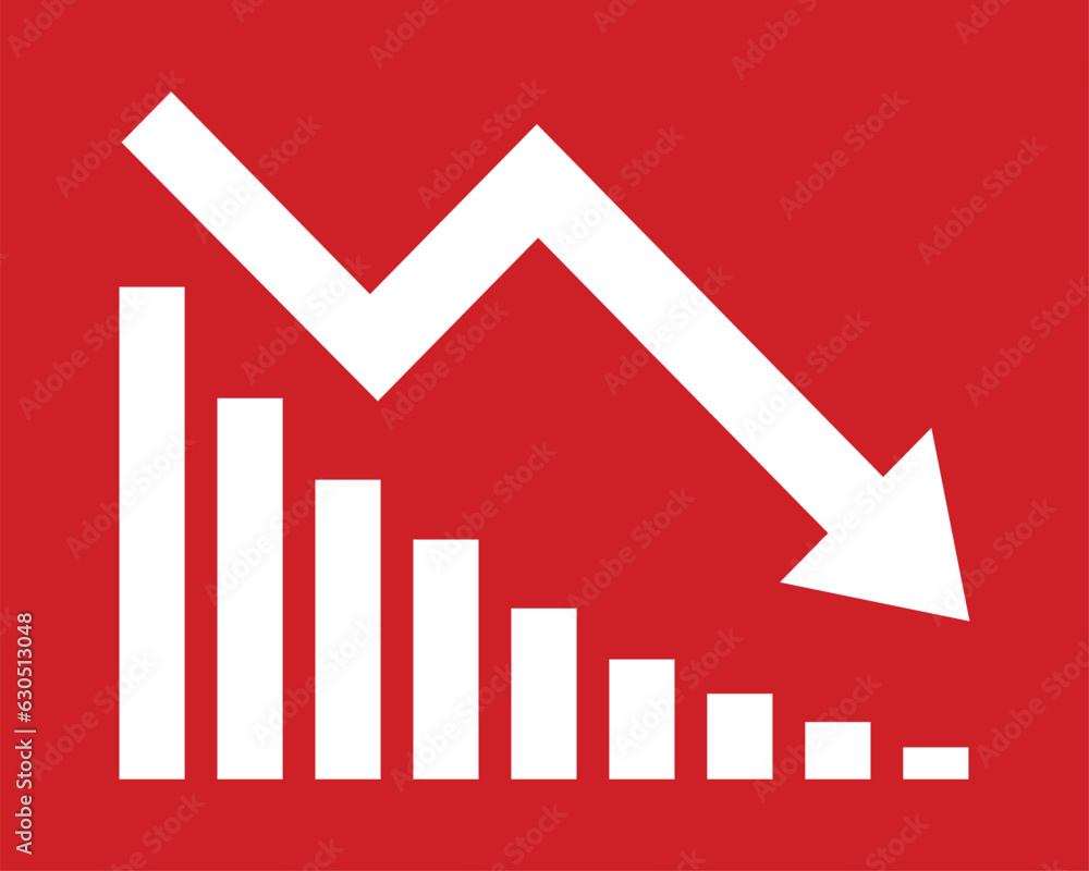 White arrow going down stock icon on red background. Decrease ...