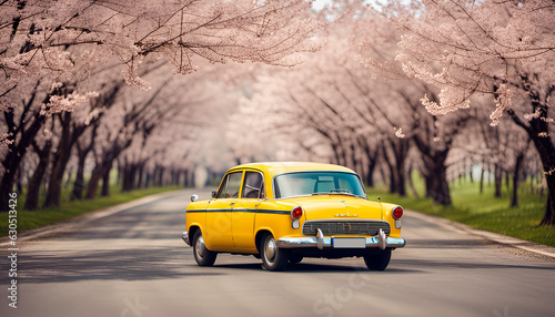 Imagem de carro antigo amarelo em estrada cercada por cerejeiras criado com inteligência artificial photo