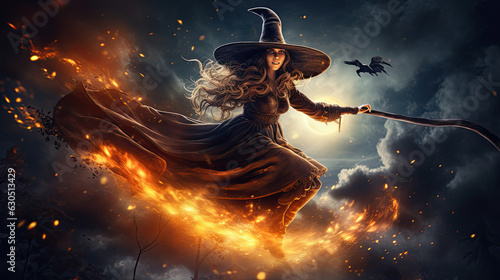 Witch in the sky scary halloween background horror night